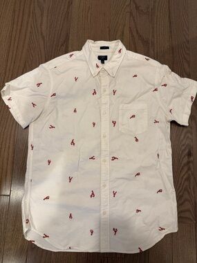 Men's J. Crew Short-Sleeve White Shirt with Red Lobster 🦞 Embroidery